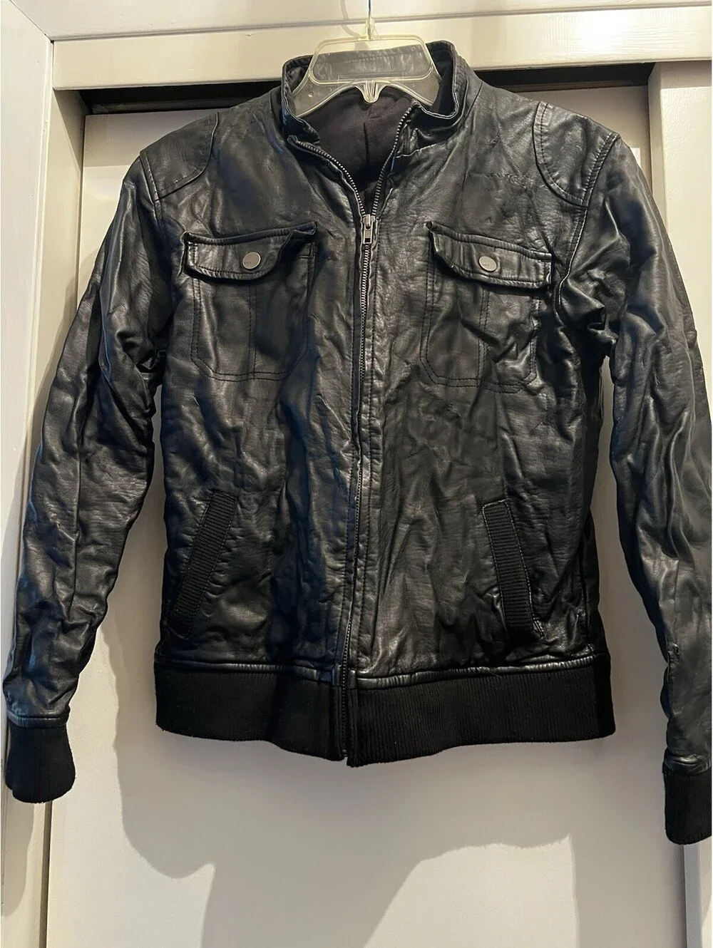 Boys size small CMOR Black Faux Leather Bomber Jacket Full Zip Ribbed Cuffs